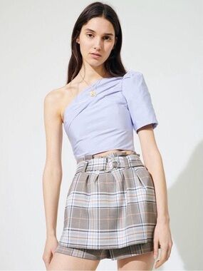 Maje Lilac One-Shoulder Top with Plaid Belted Skirt Set